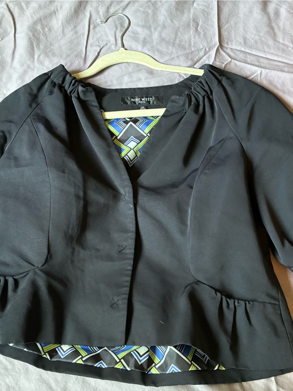 Nine West Black Cropped Peplum Puffer Jacket with Geometric Lining - Picture 1 of 16